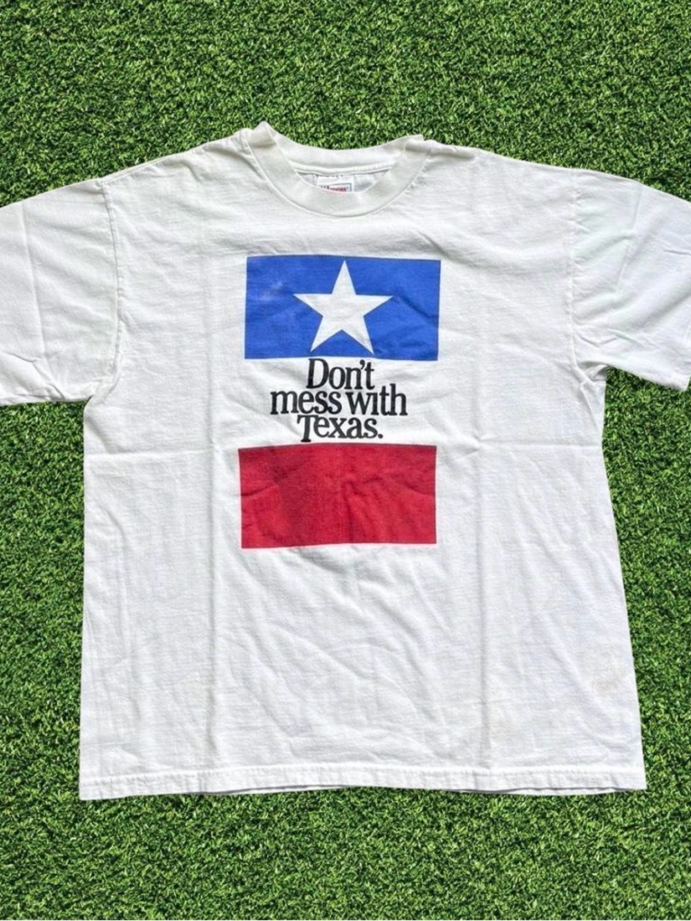 Vintage White Tee with Blue Star and Red Block - Don't Mess With Texas Graphic